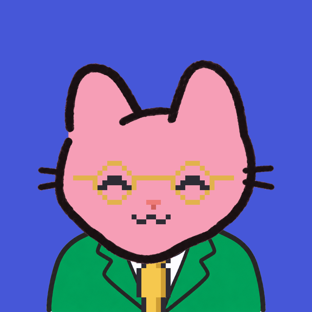 Employee #1093 — a pink cat, in a green suit, with a gold tie, wearing round-gold glasses, on royal