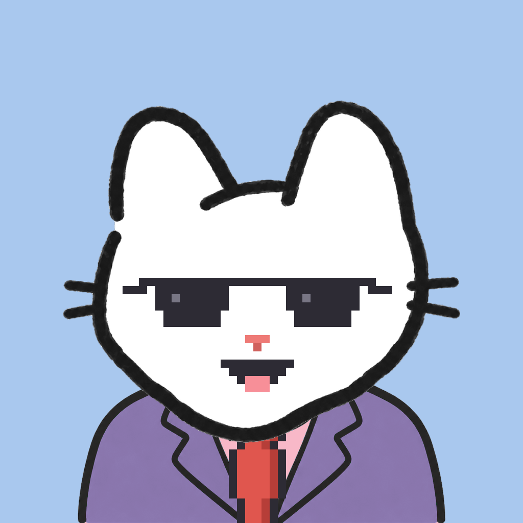 Employee #1094 — a white cat, in a lavender suit, with a red tie, wearing shades glasses, on sky