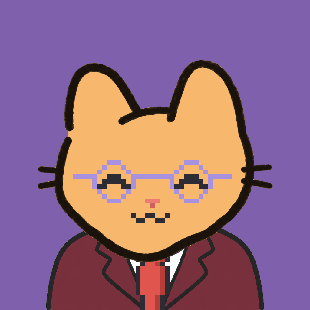 Employee #1095 — a tabby cat, in a burgundy suit, with a red tie, wearing round-lavender glasses, on plasma violet