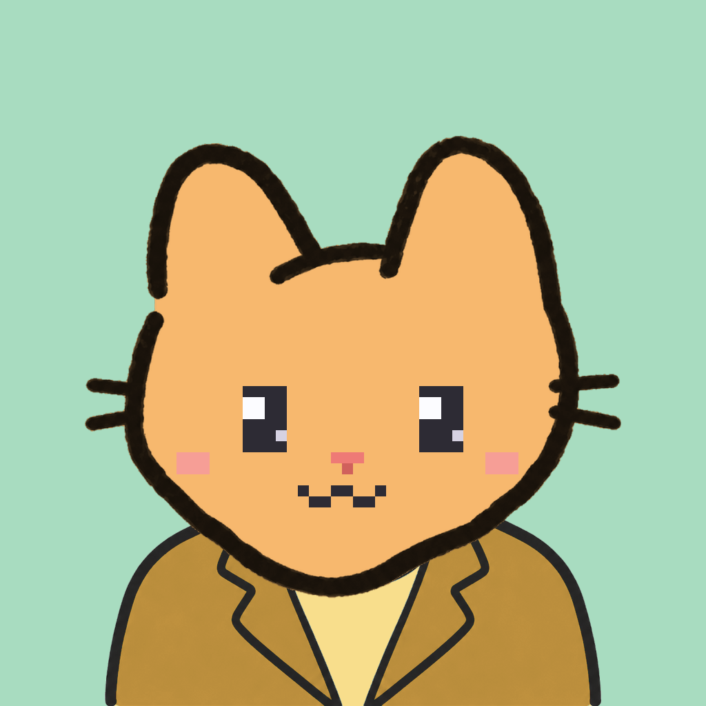 Employee #1097 — a tabby cat, in a mustard suit, on mint