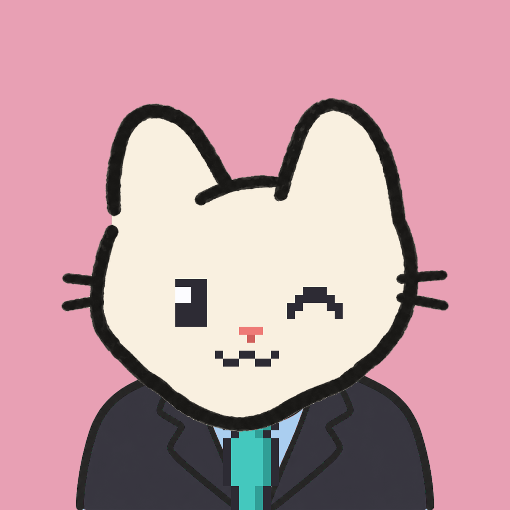 Employee #1098 — a cream cat, in a black suit, with a teal tie, on rose