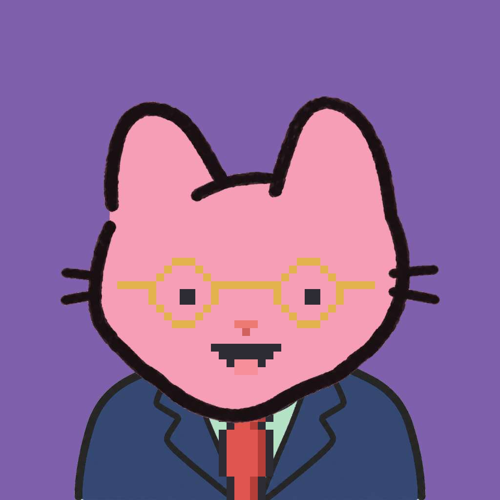 Employee #1099 — a pink cat, in a navy suit, with a red tie, wearing round-gold glasses, on plasma violet