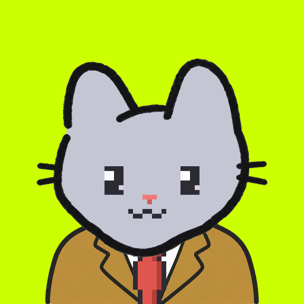 Employee #0011 — a gray cat, in a mustard suit, with a red tie, on volt