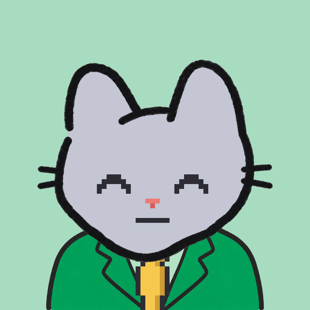 Employee #0110 — a gray cat, in a green suit, with a gold tie, on mint