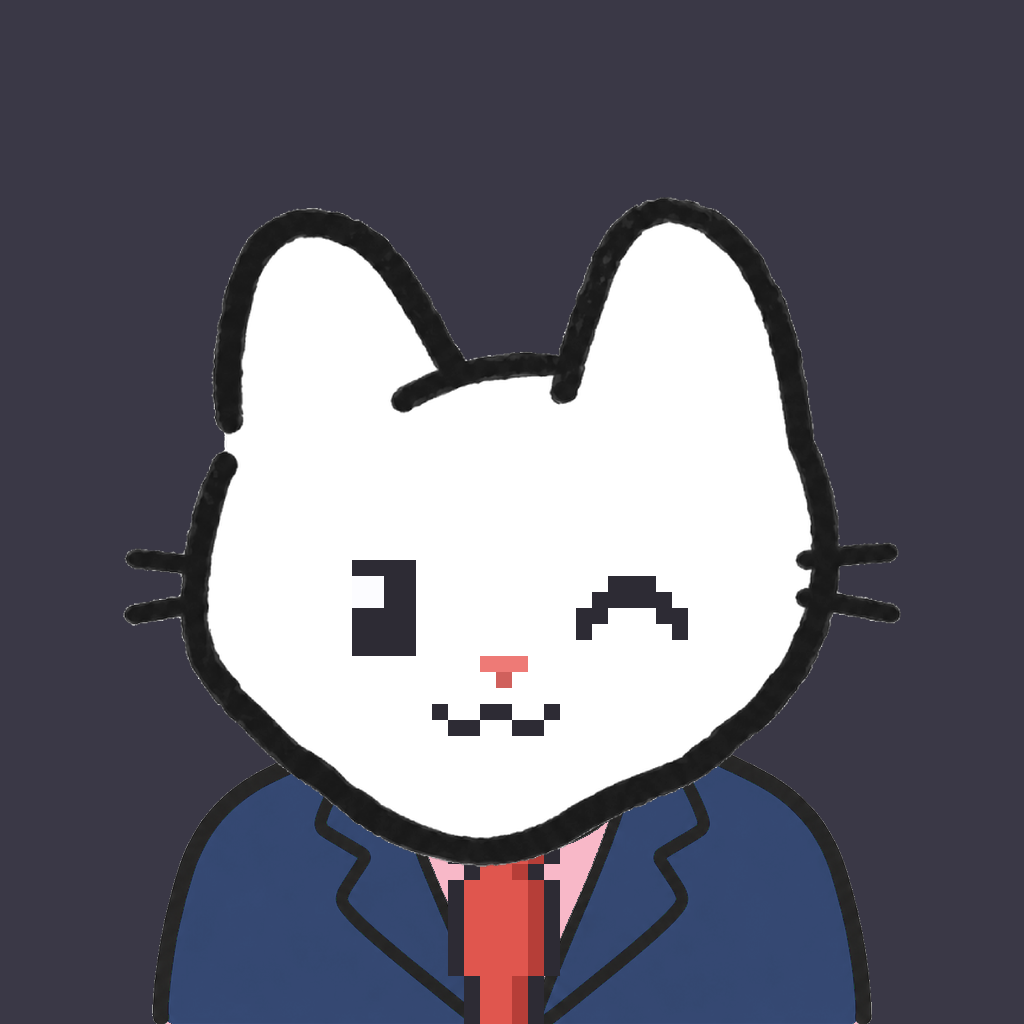 Employee #1100 — a white cat, in a navy suit, with a red tie, on charcoal
