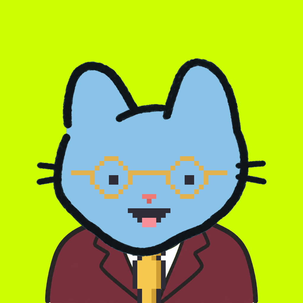 Employee #1101 — a sky cat, in a burgundy suit, with a gold tie, wearing round-gold glasses, on volt