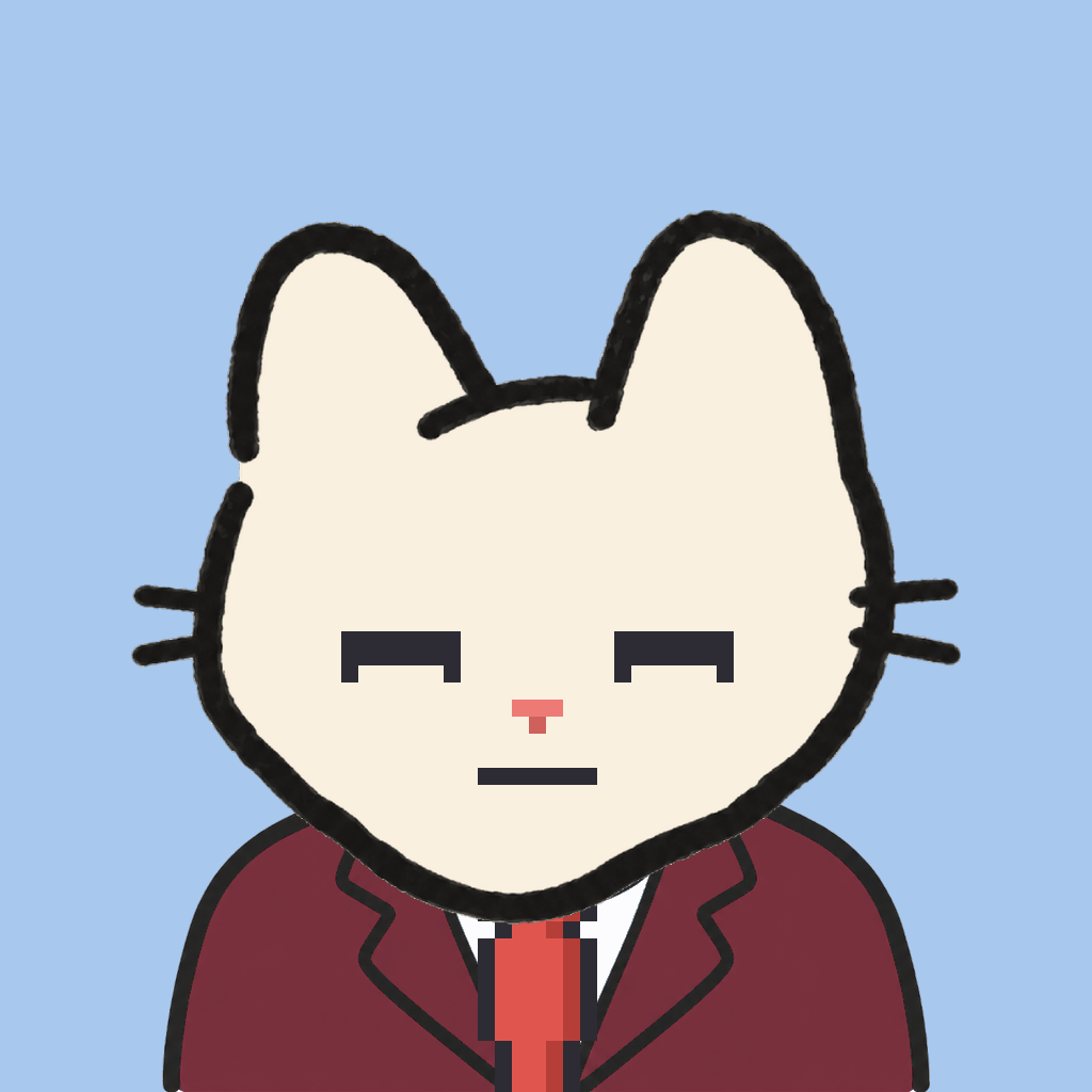 Employee #1102 — a cream cat, in a burgundy suit, with a red tie, on sky