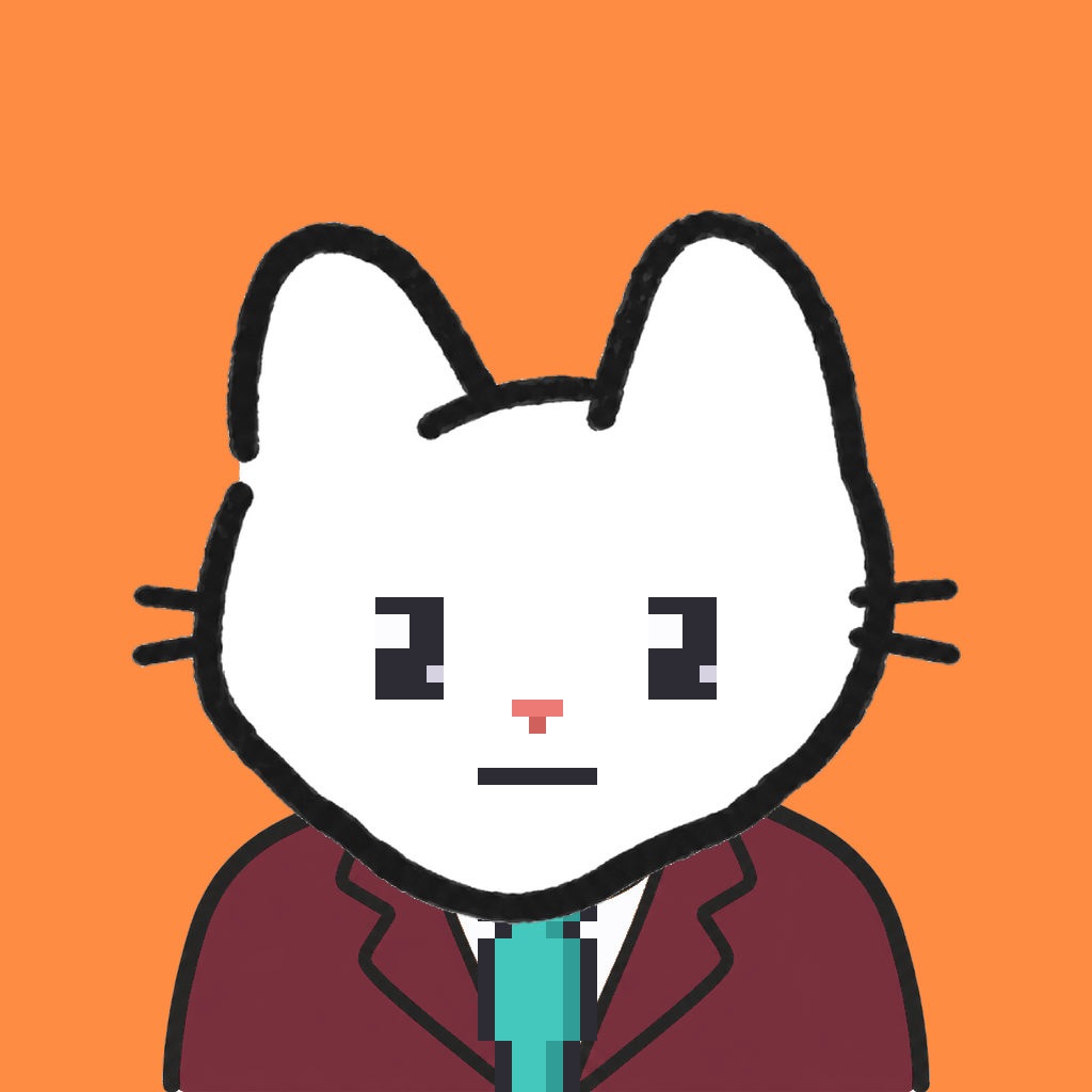 Employee #1103 — a white cat, in a burgundy suit, with a teal tie, on tangerine