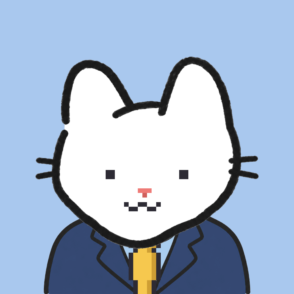 Employee #1104 — a white cat, in a navy suit, with a gold tie, on sky