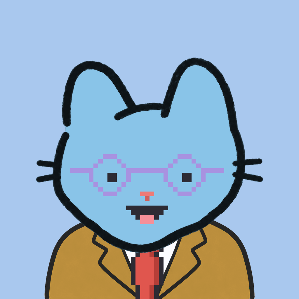 Employee #1105 — a sky cat, in a mustard suit, with a red tie, wearing round-lavender glasses, on sky