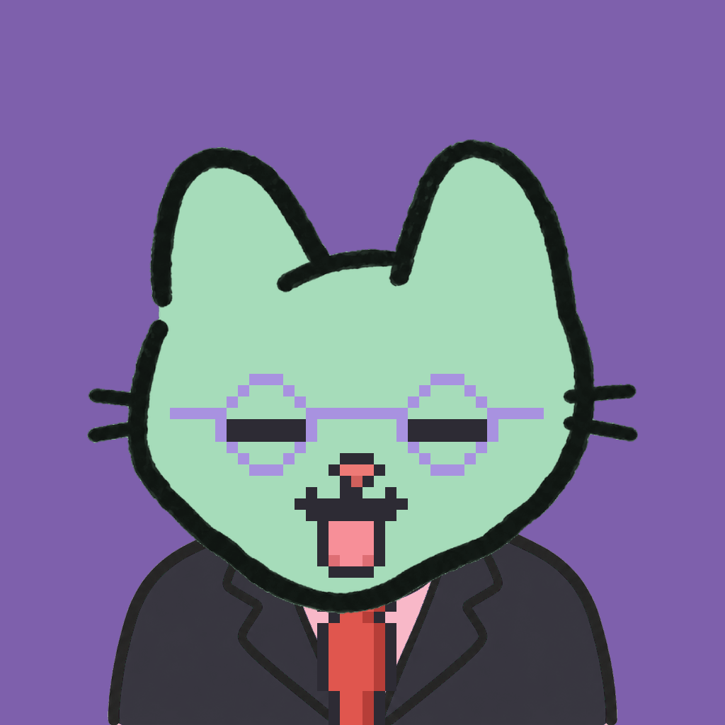 Employee #1106 — a mint cat, in a black suit, with a red tie, wearing round-lavender glasses, on plasma violet