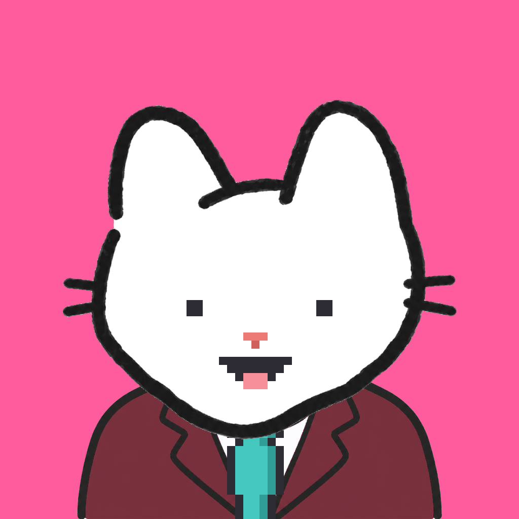 Employee #1107 — a white cat, in a burgundy suit, with a teal tie, on hot pink
