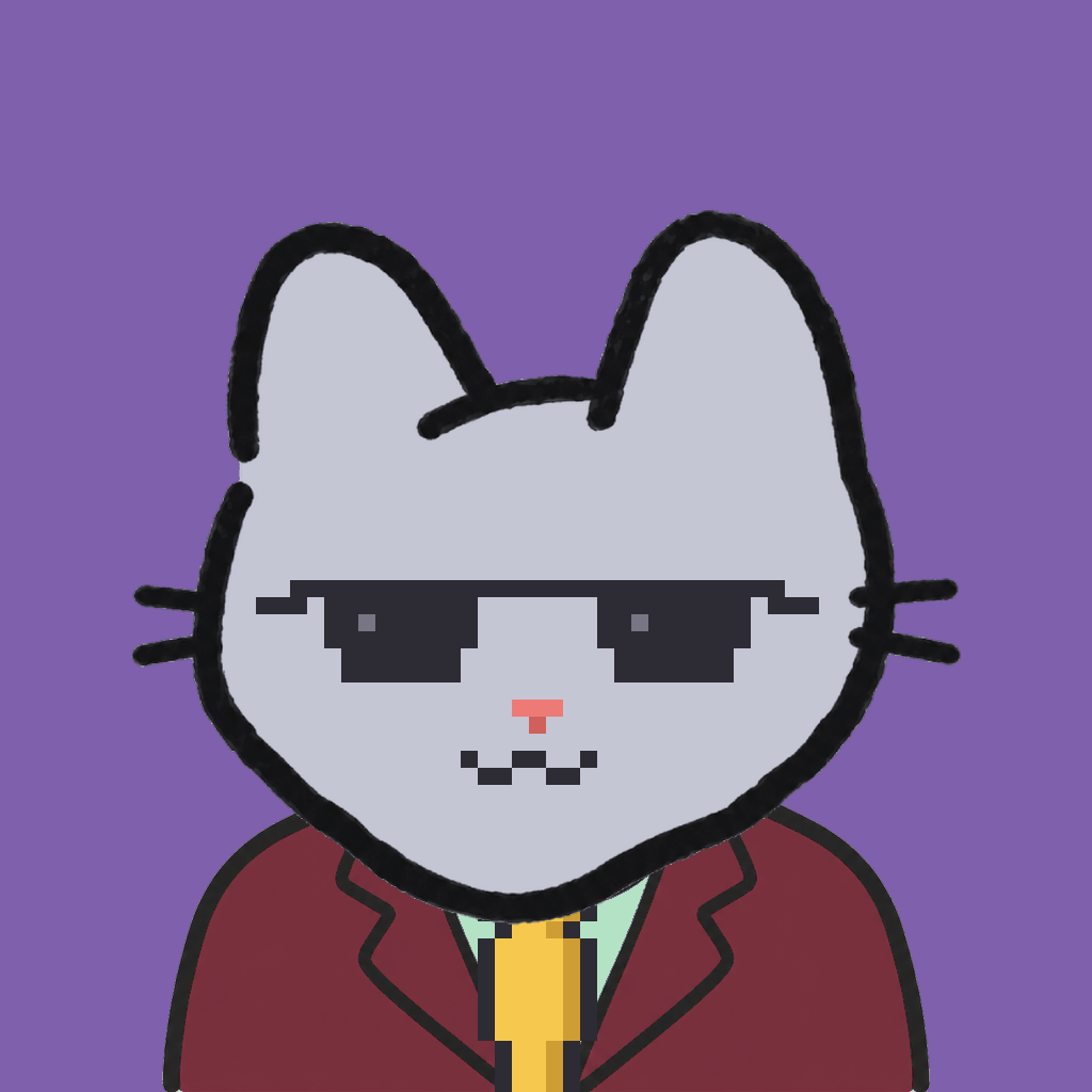 Employee #1108 — a gray cat, in a burgundy suit, with a gold tie, wearing shades glasses, on plasma violet