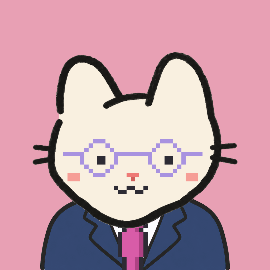 Employee #1109 — a cream cat, in a navy suit, with a magenta tie, wearing round-lavender glasses, on rose