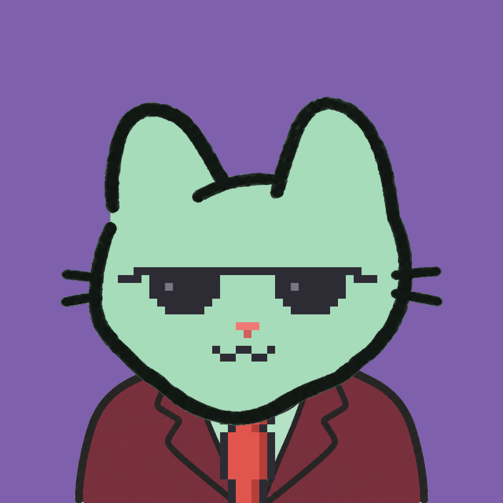 Employee #0111 — a mint cat, in a burgundy suit, with a red tie, wearing shades glasses, on plasma violet