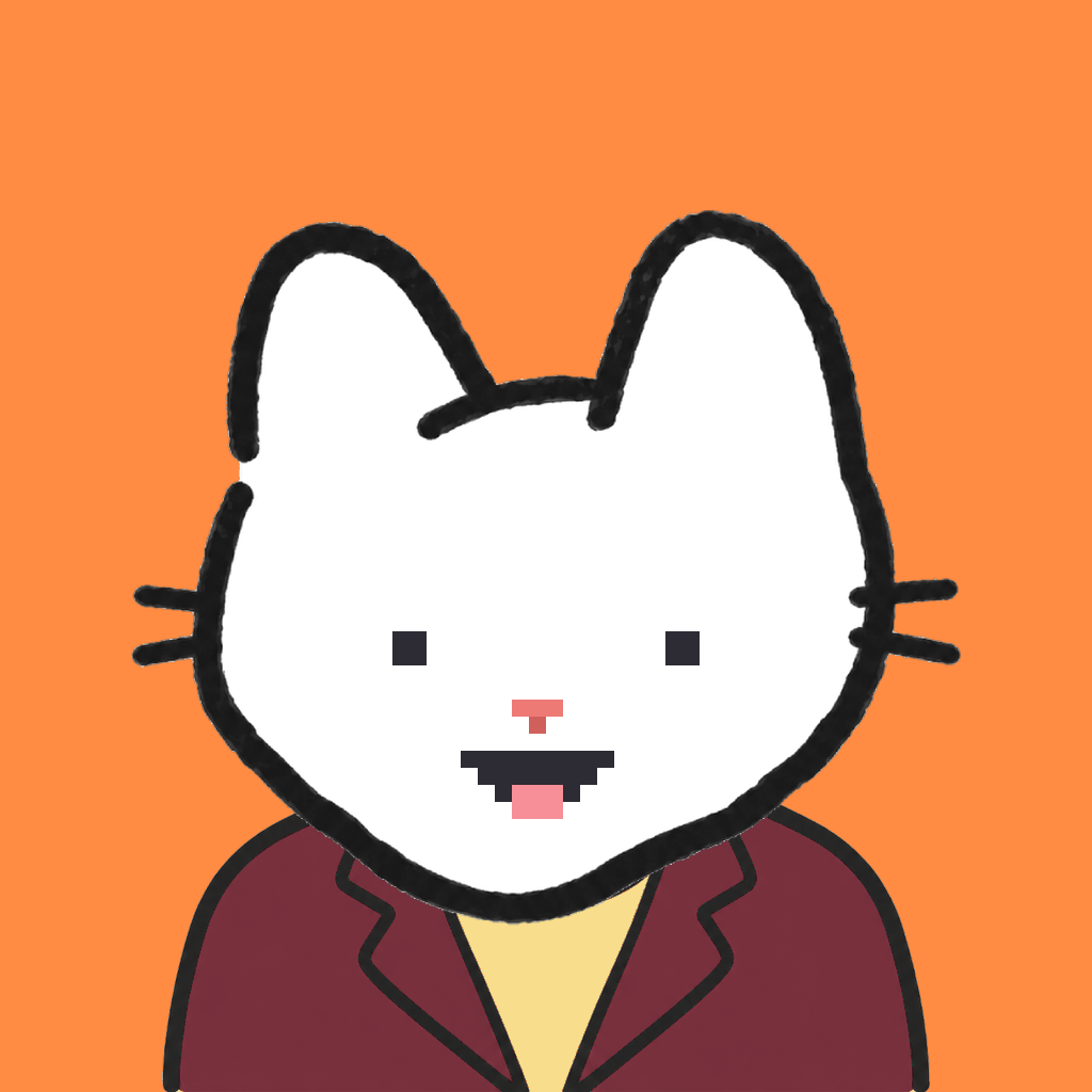 Employee #1110 — a white cat, in a burgundy suit, on tangerine