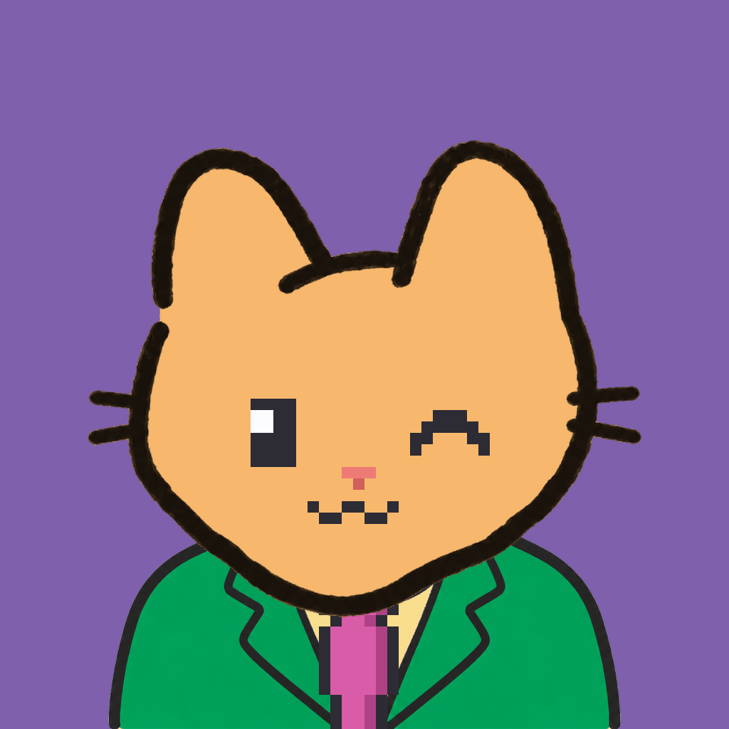 Employee #1111 — a tabby cat, in a green suit, with a magenta tie, on plasma violet
