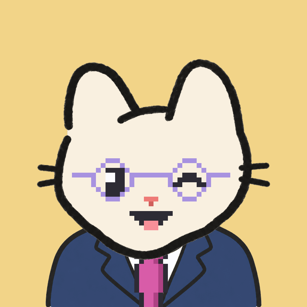 Employee #1112 — a cream cat, in a navy suit, with a magenta tie, wearing round-lavender glasses, on butter