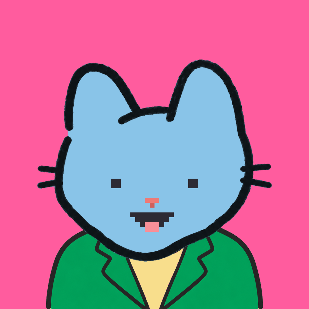 Employee #1113 — a sky cat, in a green suit, on hot pink