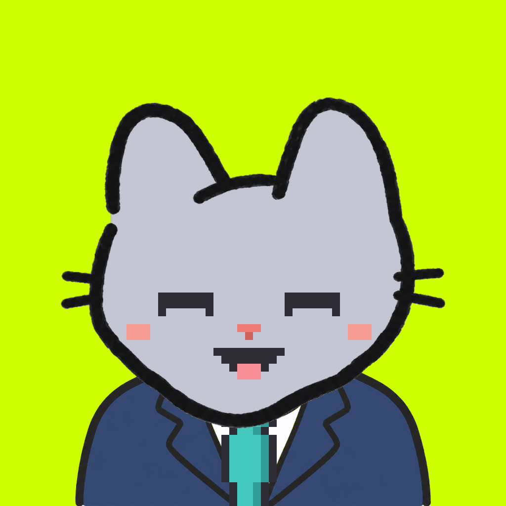 Employee #1114 — a gray cat, in a navy suit, with a teal tie, on volt
