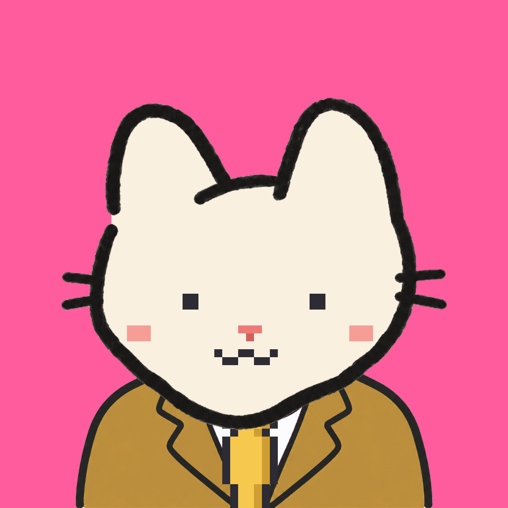 Employee #1115 — a cream cat, in a mustard suit, with a gold tie, on hot pink