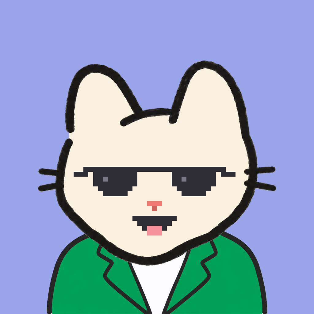 Employee #1116 — a cream cat, in a green suit, wearing shades glasses, on periwinkle