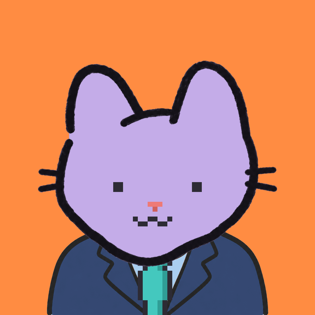 Employee #1117 — a lavender cat, in a navy suit, with a teal tie, on tangerine