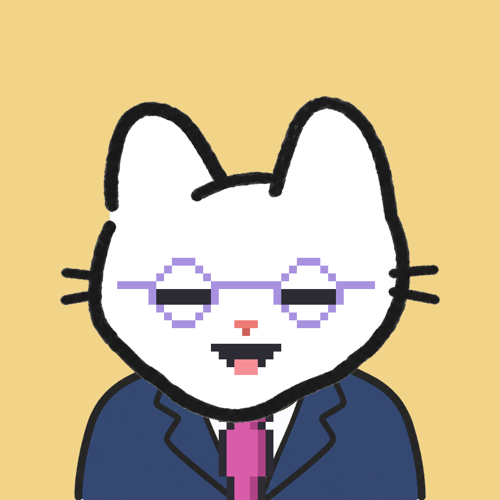 Employee #1119 — a white cat, in a navy suit, with a magenta tie, wearing round-lavender glasses, on butter