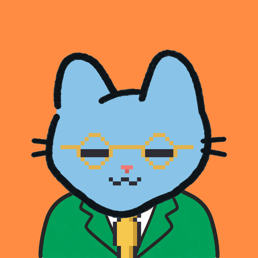 Employee #0112 — a sky cat, in a green suit, with a gold tie, wearing round-gold glasses, on tangerine