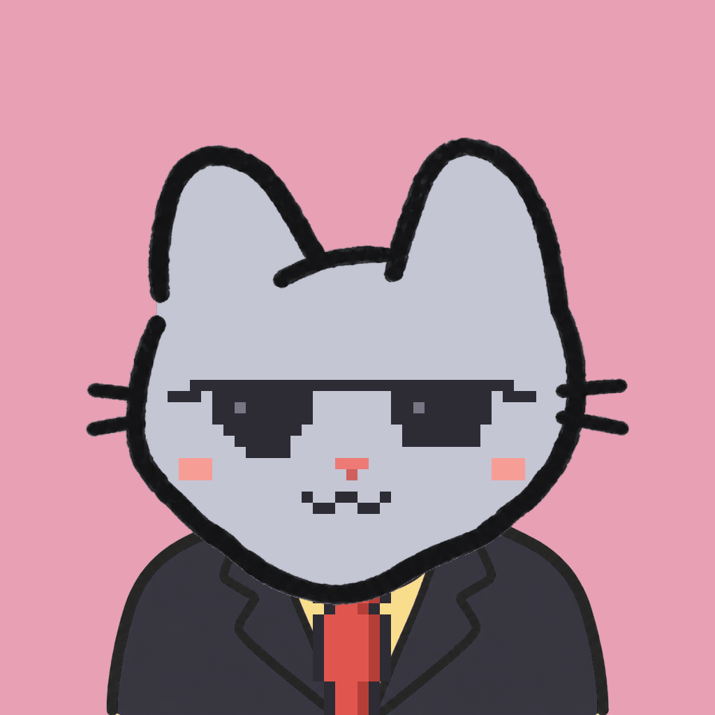 Employee #1120 — a gray cat, in a black suit, with a red tie, wearing shades glasses, on rose