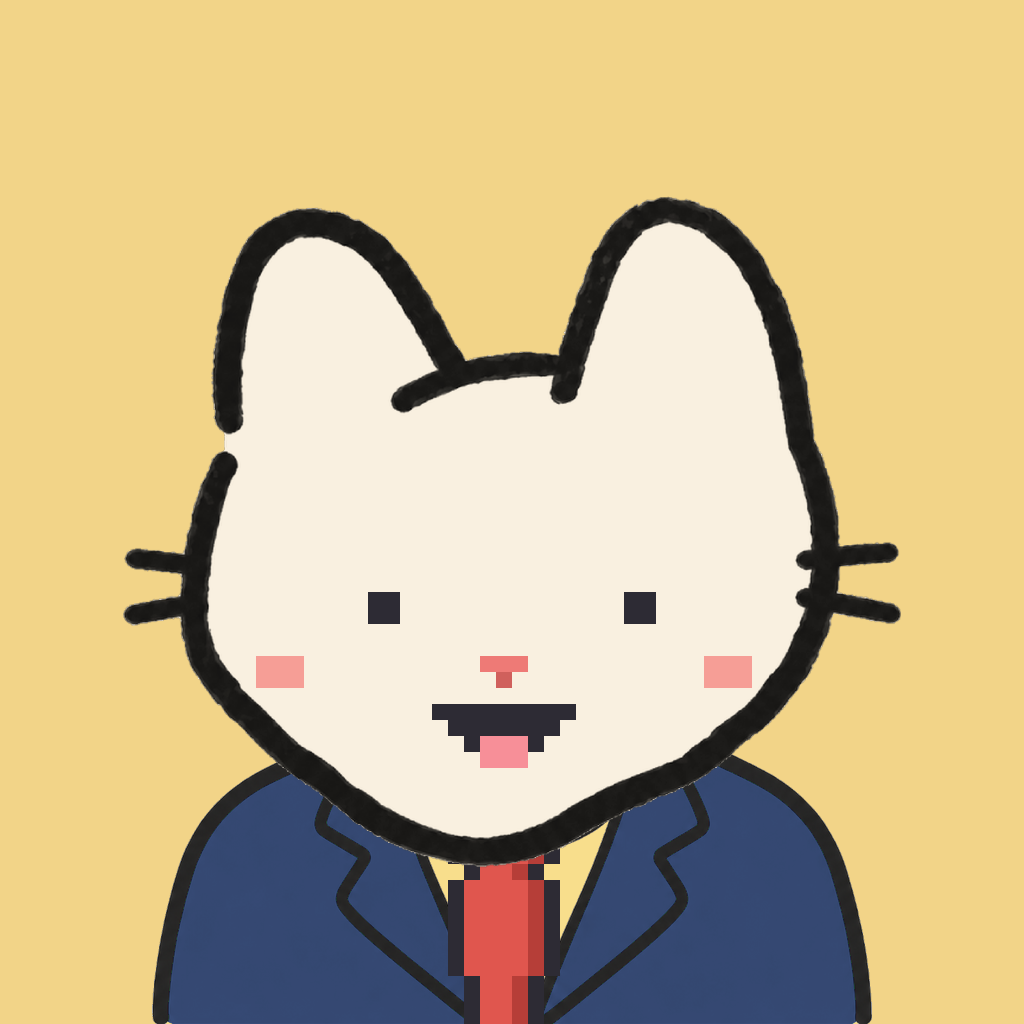Employee #1121 — a cream cat, in a navy suit, with a red tie, on butter