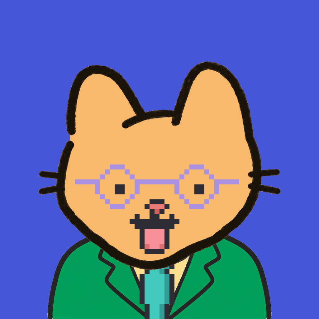 Employee #1122 — a tabby cat, in a green suit, with a teal tie, wearing round-lavender glasses, on royal