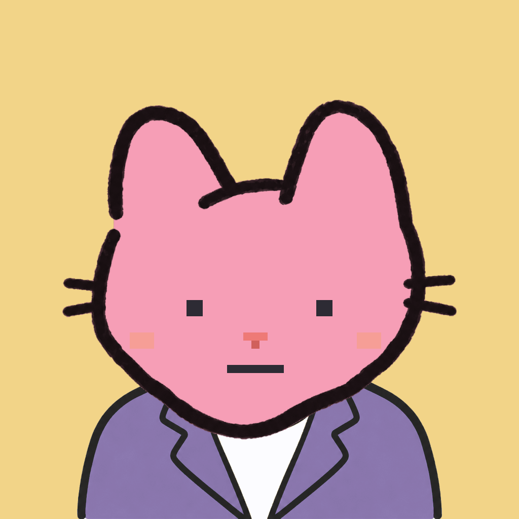 Employee #1123 — a pink cat, in a lavender suit, on butter