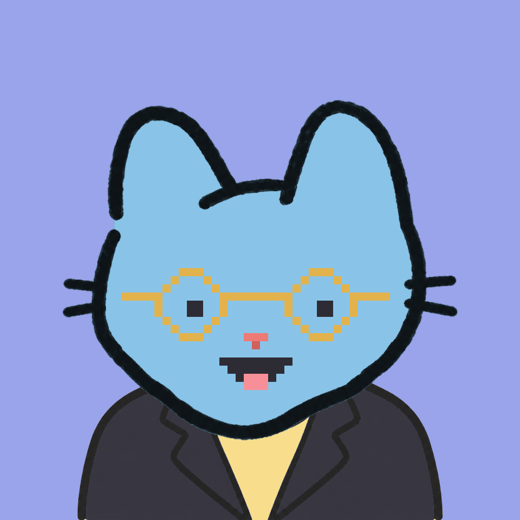 Employee #1125 — a sky cat, in a black suit, wearing round-gold glasses, on periwinkle
