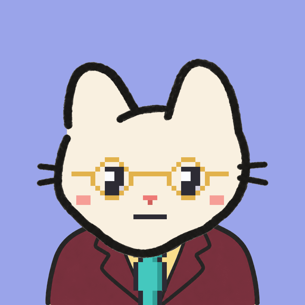 Employee #1126 — a cream cat, in a burgundy suit, with a teal tie, wearing round-gold glasses, on periwinkle