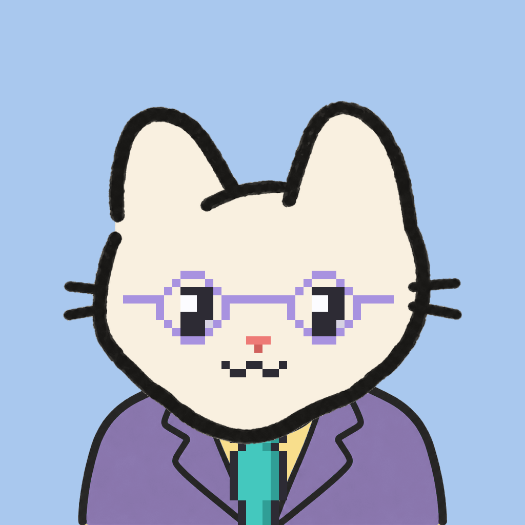 Employee #1127 — a cream cat, in a lavender suit, with a teal tie, wearing round-lavender glasses, on sky