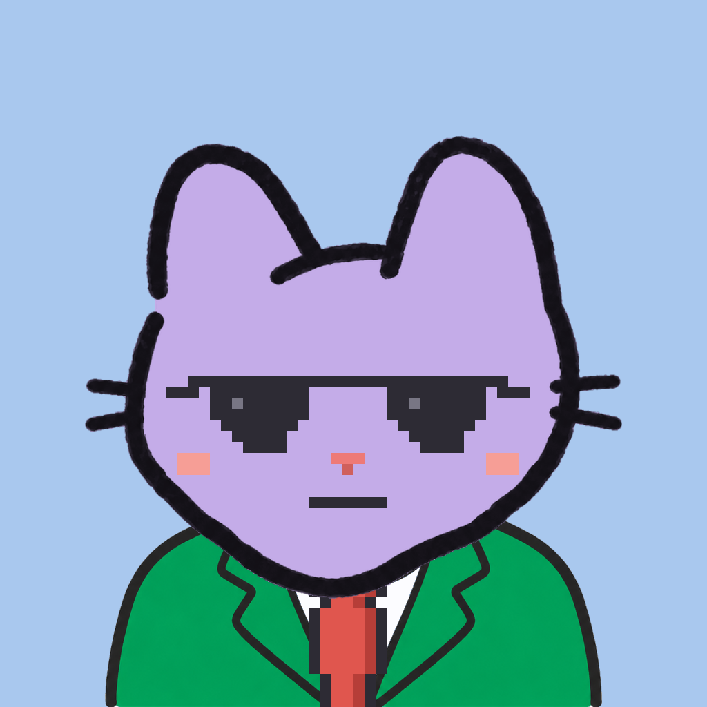 Employee #1128 — a lavender cat, in a green suit, with a red tie, wearing shades glasses, on sky