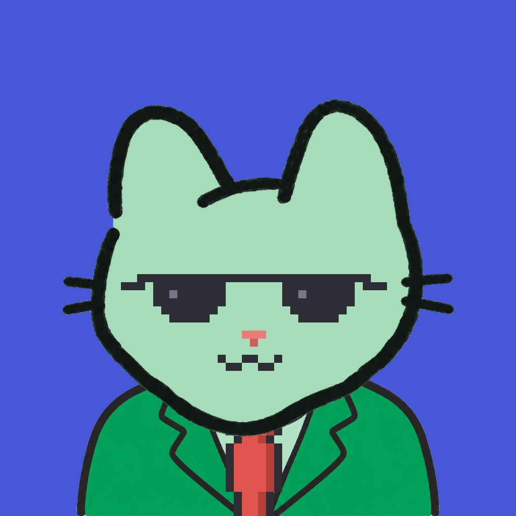 Employee #1129 — a mint cat, in a green suit, with a red tie, wearing shades glasses, on royal