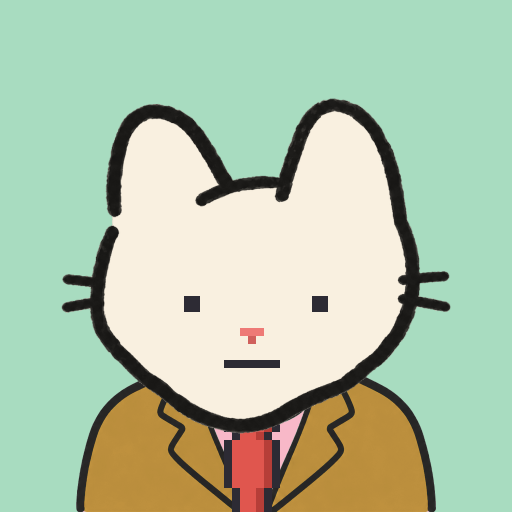 Employee #0113 — a cream cat, in a mustard suit, with a red tie, on mint