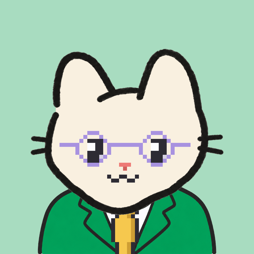 Employee #1130 — a cream cat, in a green suit, with a gold tie, wearing round-lavender glasses, on mint