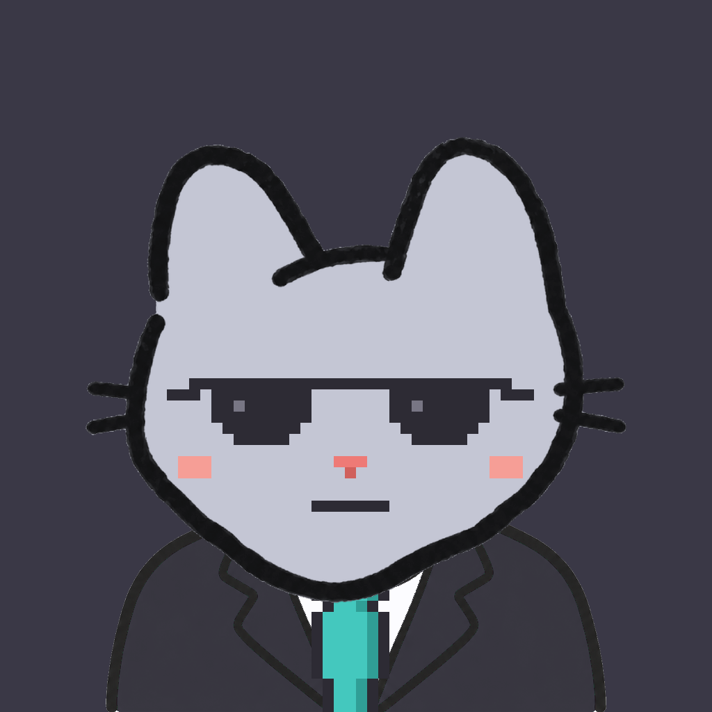 Employee #1131 — a gray cat, in a black suit, with a teal tie, wearing shades glasses, on charcoal