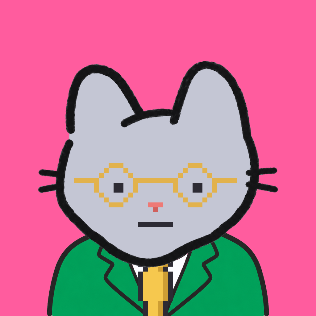 Employee #1132 — a gray cat, in a green suit, with a gold tie, wearing round-gold glasses, on hot pink