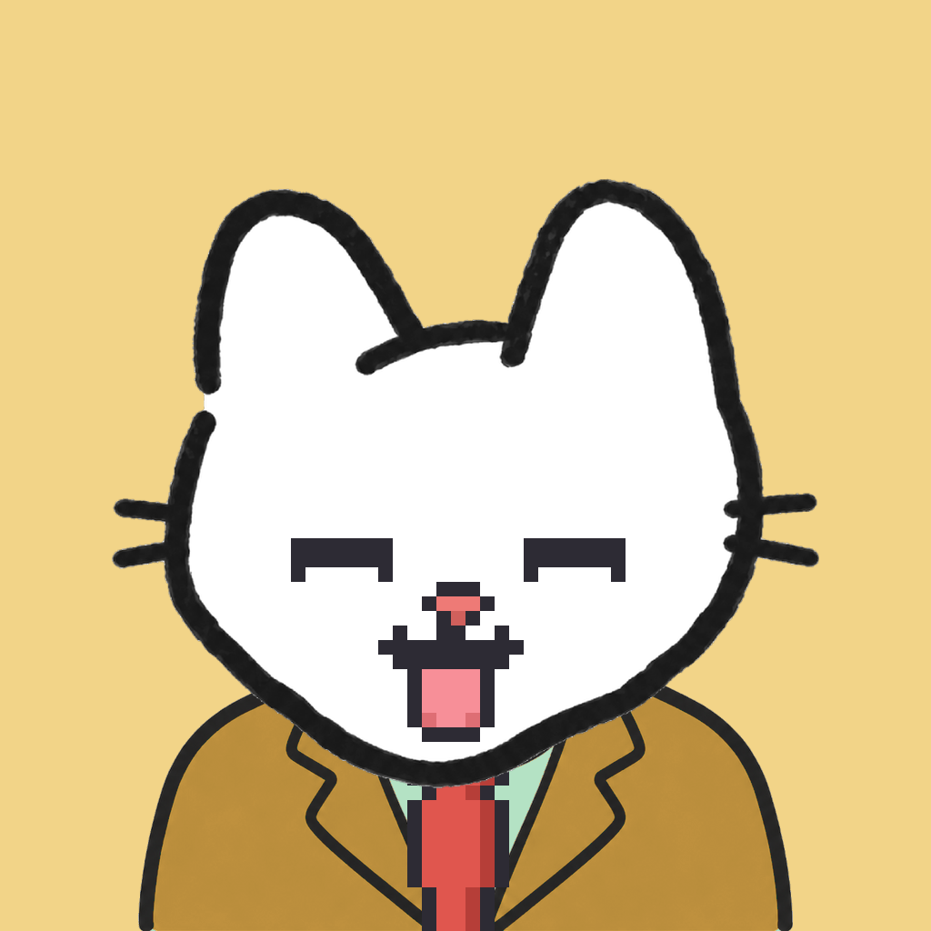 Employee #1133 — a white cat, in a mustard suit, with a red tie, on butter