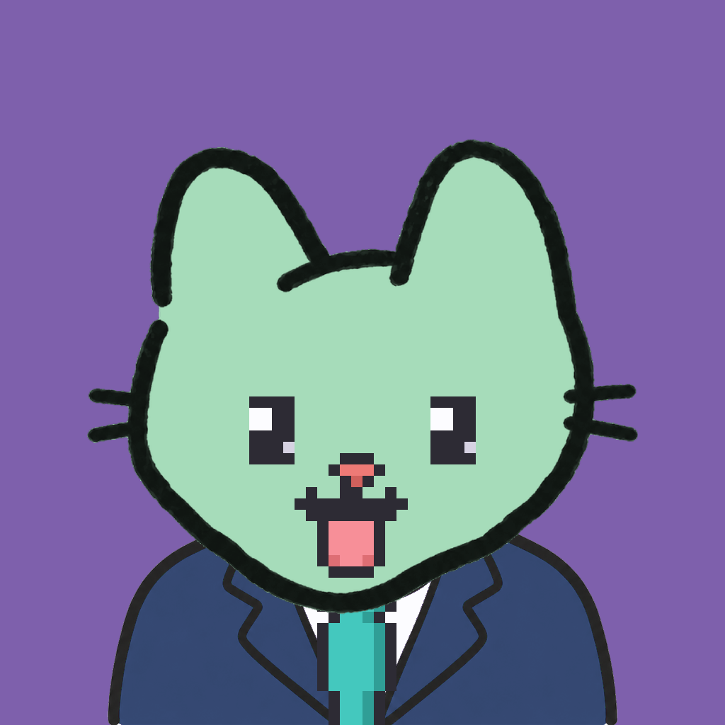 Employee #1134 — a mint cat, in a navy suit, with a teal tie, on plasma violet