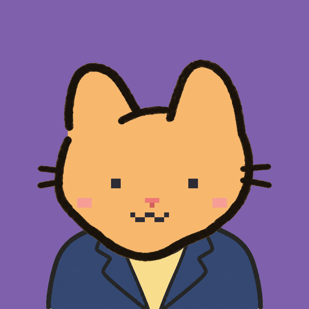 Employee #1135 — a tabby cat, in a navy suit, on plasma violet