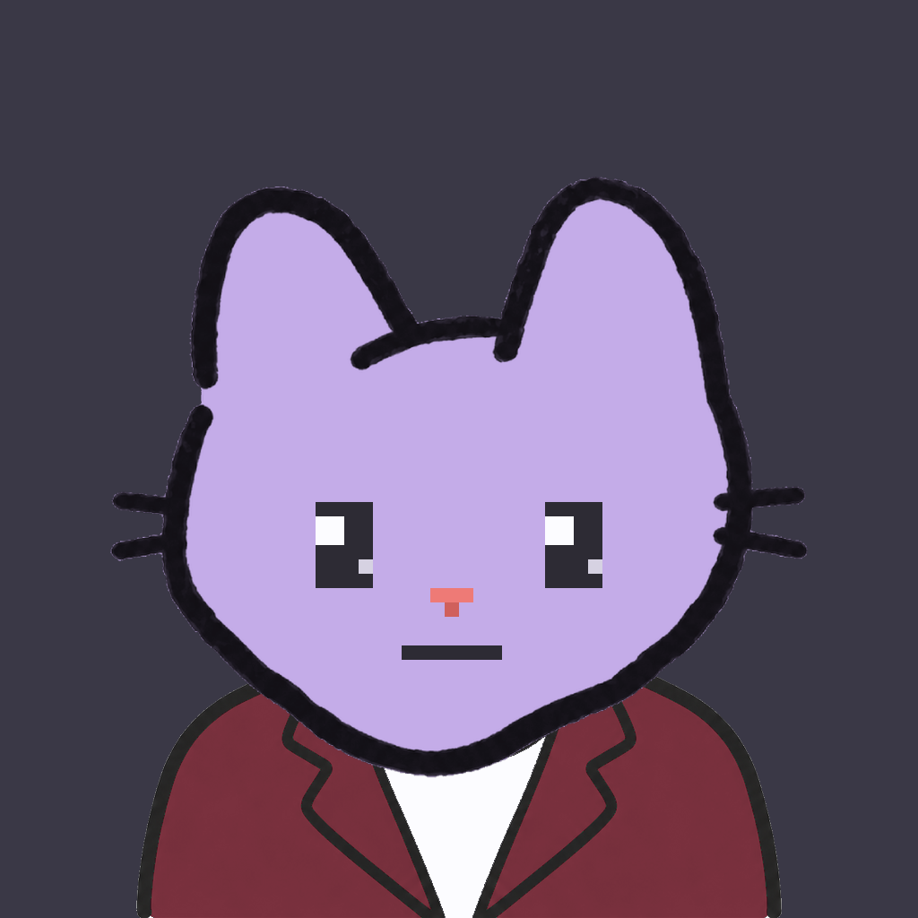 Employee #1136 — a lavender cat, in a burgundy suit, on charcoal