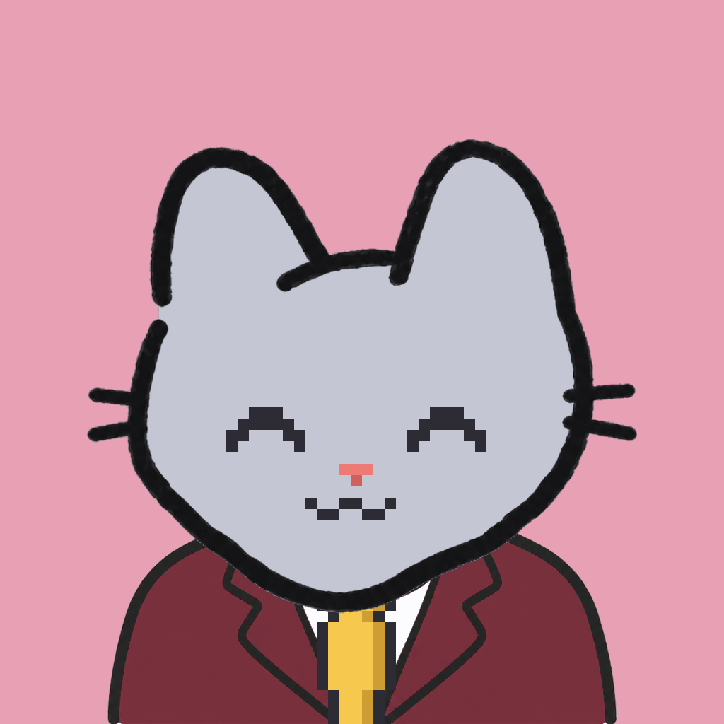 Employee #1137 — a gray cat, in a burgundy suit, with a gold tie, on rose
