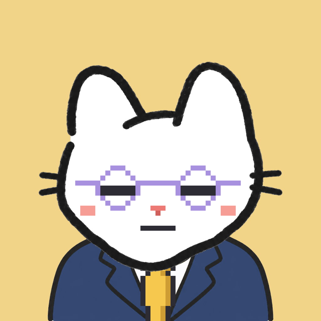 Employee #1138 — a white cat, in a navy suit, with a gold tie, wearing round-lavender glasses, on butter
