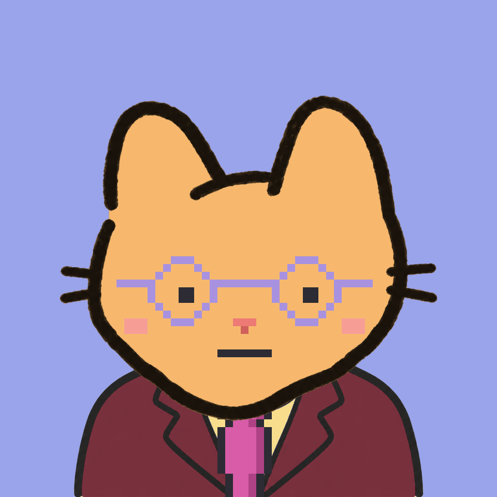Employee #1139 — a tabby cat, in a burgundy suit, with a magenta tie, wearing round-lavender glasses, on periwinkle