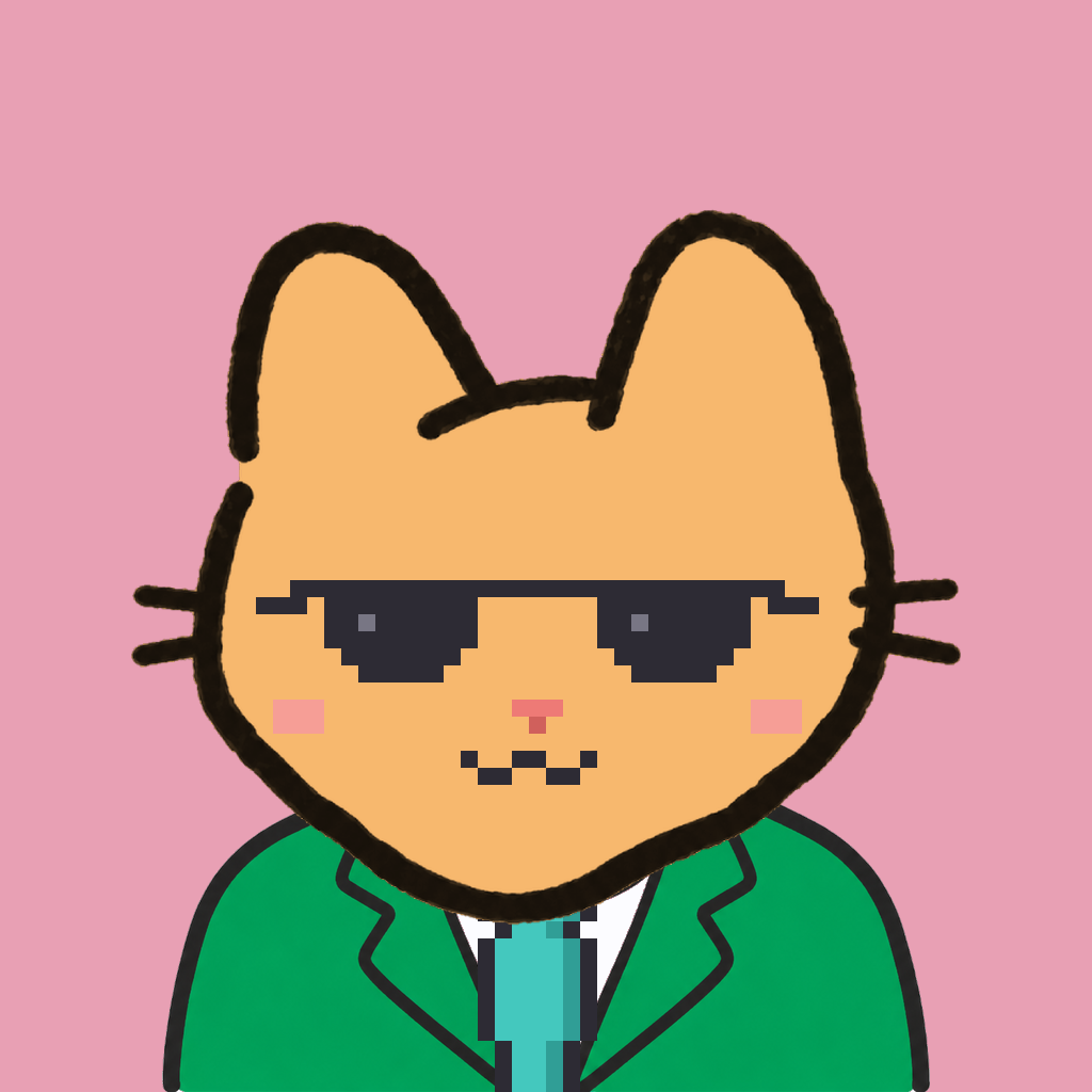 Employee #0114 — a tabby cat, in a green suit, with a teal tie, wearing shades glasses, on rose